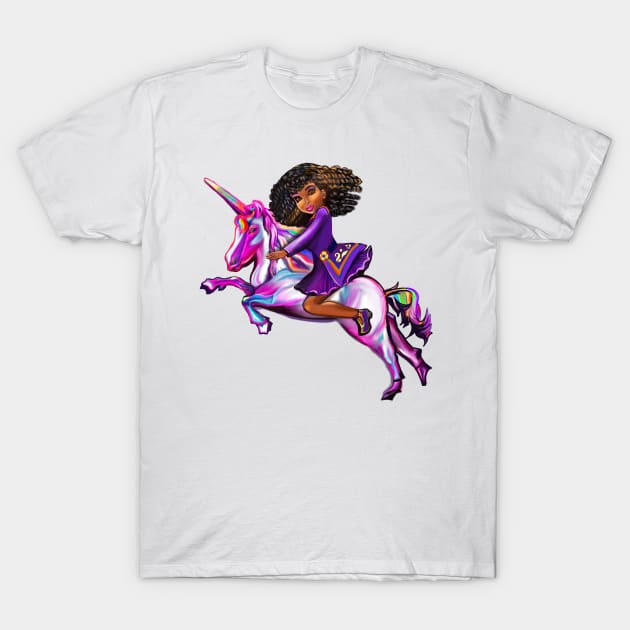 Curly hair Princess on a unicorn pony, lit up- black girl with curly afro hair on a horse T-Shirt by Artonmytee